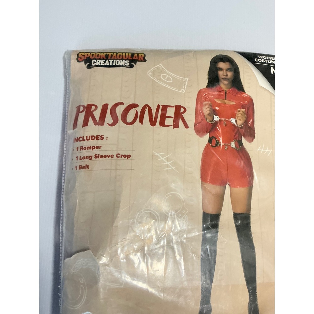 Spooktacular Creations Prisoner Costume Women Medium Orange Romper Crop Top Belt - Picture 3 of 4
